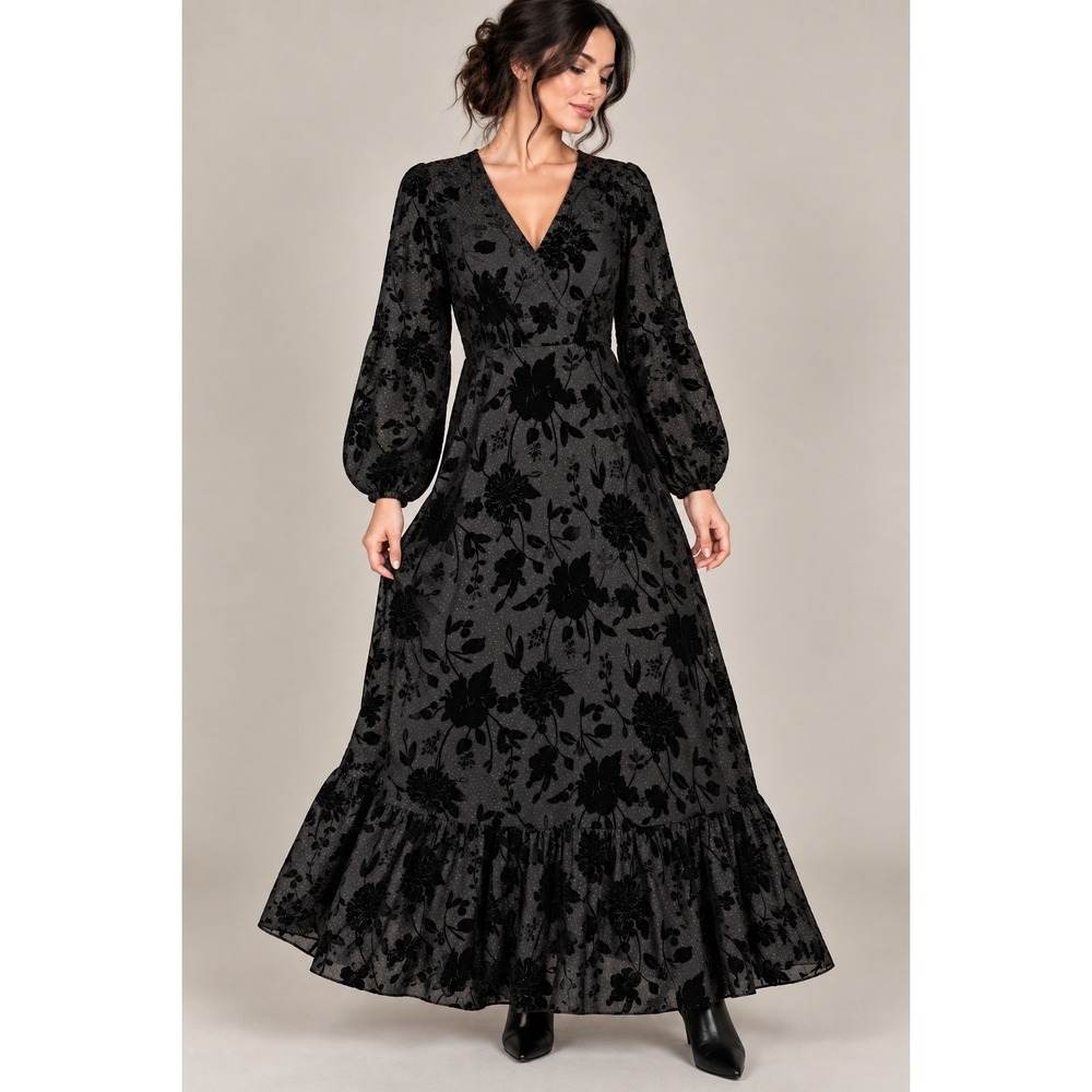 Express Black Velvet Floral Maxi Dress XS Whimsigoth Dark Romantic Evening Event